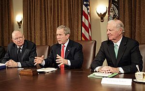 U.S. President George W. Bush with Lee Hamilton, left, and former Secretary of State James Baker in the Cabinet Room, Dec. 6. 2006