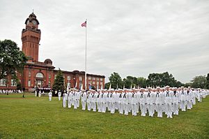 US Navy 110701-N-IK959-260 Recruits from Hall of Fame Division 813 stand at attention on Ross Field