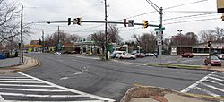 Traffic signals for University Boulevard West, designated as Maryland Route 193, at the intersection with its western turnaround in Four Corners, Maryland