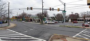 Traffic signals for University Boulevard West, designated as Maryland Route 193, at the intersection with its western turnaround in Four Corners, Maryland