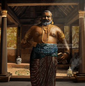 An image of Kulothunga Chola with items from different parts of the globe