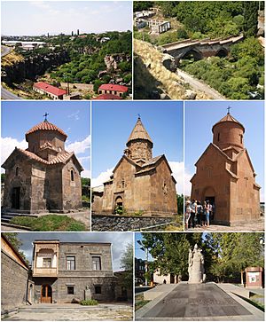 From top left: Ashtarak town • Ashtarak bridge of 1664Karmravor Church • Saint Marianeh Church • Surp Sarkis ChurchHouse-museum of Perch Proshyan • the statue of Nerses Ashtaraketsi