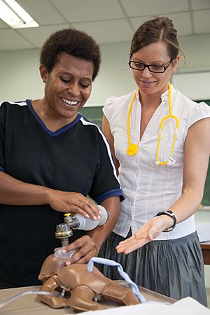 Australian Clinical Midwifery Facilitator Florence West teaches training midwives at the Pacific Adventist University PAU, outskirts of Port Moresby, PNG. (10674496146)
