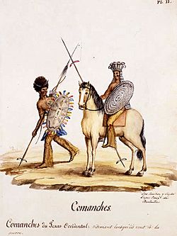 Two Comanches are depicted, each holding a spear and shield. The first, standing, looks to his proper left at the other mounted on a horse.