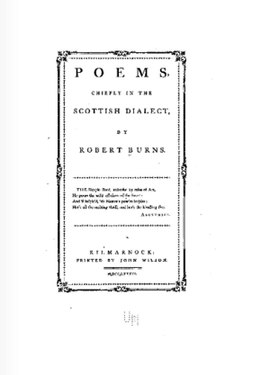 Cover of Robert Burns' Poems, chiefly in the Scottish Dialect. Circa 1786.png