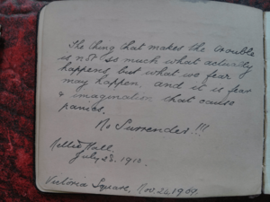 Dedication by Nellie Hall in WSPU prisoners scrapbook