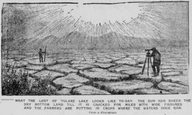 Drawing of the dry, cracked, and barren former lakebed of Tulare in California in 1898