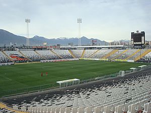 A semi-panoramic view of the stadium. The seats are white and black, and shows the club badge in the seats. The roof of the stand is supported by a cantilever structure, in a "buried" construction.