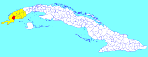 Guane municipality (red) within  Pinar del Río Province (yellow) and Cuba