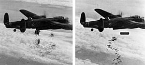 Lancaster I NG128 Dropping Load - Duisburg - Oct 14 - 1944