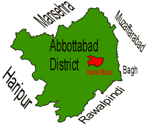 Location of Namli Maira  (highlighted in red) within Abbottabad district. The names of the districts neighbouring Abbottabad are also shown.