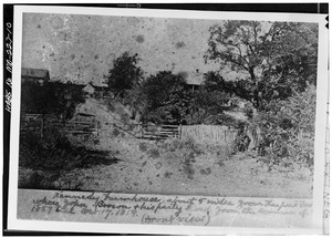 Photocopy of photograph (original in Memorial Hall, Deerfield, Massachusetts) VIEW OF MAIN ELEVATION, SHOOTING FROM ROAD THROUGH TREES - Kennedy Farm, Chestnut Grove Road, HABS MD,22-SAMAN.V,1-10