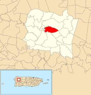 Location of Piedras Blancas within the municipality of San Sebastián shown in red