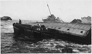 Point Honda shipwreck site September 8, 1923, Santa Barbara Co., California. Section 2, U.S.S. Woodbury on beach. - NARA - 295445