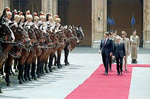 President Ronald Reagan and Alessandro Pertini reviewing troops at Quirinale Palace in Rome, Italy