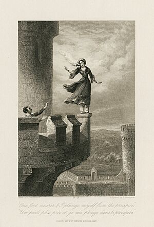 Rebecca on parapet of Torquilstone castle, George Cruikshank, 1837