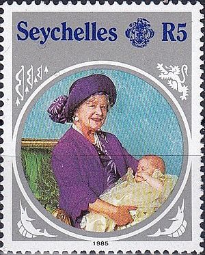 Stamp of Seychelles - 1985 - Colnect 537390 - Queen Mother with Prince Henry