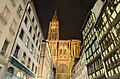 Strasbourg Cathedral seen through rue Mercière, by night
