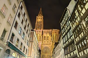 Strasbourg Cathedral seen through rue Mercière, by night