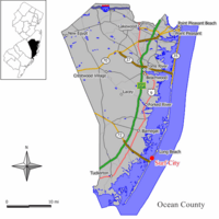 Map of Surf City in Ocean County. Inset: Location of Ocean County highlighted in the State of New Jersey.