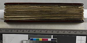The St Cuthbert Gospel of St John. (formerly known as the Stonyhurst Gospel) is the oldest intact European book. - Fore edge (Add Ms 89000)