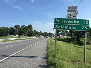 2016-07-20 17 33 07 View south along Maryland State Route 2 and Maryland State Route 4 (Solomons Island Road) just south of Southern Maryland Boulevard in Calvert County, Maryland