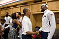 Barack Obama shaking hands with LeBron James, July 2012