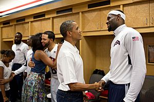 Barack Obama shaking hands with LeBron James, July 2012