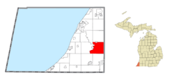 Location within Berrien County (red) and an administered portion of the Eau Claire village (pink)