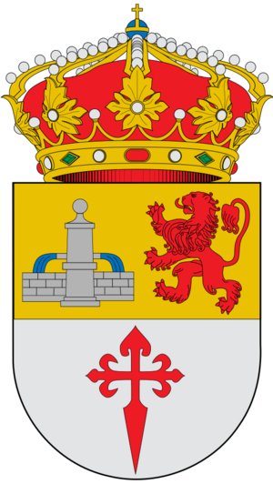 Escudo de Fuentes de León (chorros de agua de azur, leon todo de gules)