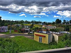 Clouds above a blue sky, curvy road, colorful cement homes and greenery