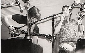 Simon Nicol and Dave Swarbrick (musicians) on stage at the 1981 Essex Festival