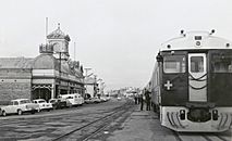 South Australian Railways Bluebird railcar 260 at Ellen Street railway station, Port Pirie, 1962 (ANIB photo).jpg
