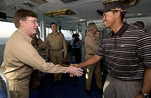 US Navy 040303-N-5319A-001 Tiger Woods meets Commander Carrier Group Eight (CCG-8) Rear Adm. Denby H. Starling II, on the flag bridge aboard the aircraft carrier USS George Washington (CVN 73)