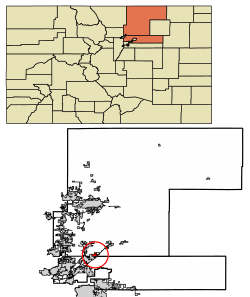 Location of Lochbuie in Adams County and Weld County, Colorado.