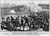 Engraving of Union artillery in combat at the Second Battle of Corinth. The Confederate front line is in the background.