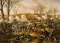 Union soldiers charging into battle, some injured or dying