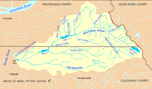 The Bull Run River watershed forms part of the western border of Hood River County, Oregon, on the east. The watershed tapers to the river's confluence with the Sandy River, on the west. The watershed is almost evenly divided between Clackamas County, on the south, and Multnomah County, on the north.
