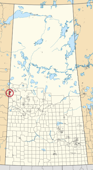 A map of the province of Saskatchewan showing 297 rural municipalities and hundreds of small Indian reserves. One is highlighted with a red circle.