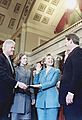 Clinton being sworn in as U.S. Senator by Vice President Al Gore in 2000. Her husband Bill, and daughter Chelsea, are looking on.