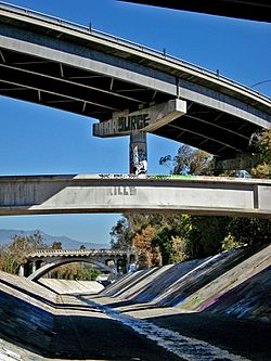Curving ramp supported over Arroyo Seco