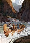 Men in canoes descend wild rapids in a river canyon.