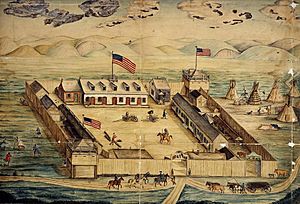 Watercolor drawing of Fort Pierre Chouteau. Dated 1854.