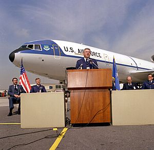 GEN Edgar S. Harris Jr., Commander 8th Air Force, speaks at the delivery ceremony for this KC-10A Extender aircraft