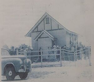 Gathering for the opening and dedication of St Michael's and All Angels' Anglican Church, Tambo, by Bishop James Housden, 19 October 1952