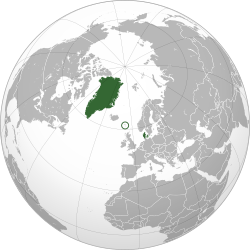 Location of the Kingdom of Denmark (green), including Greenland, the Faroe Islands (circled), and Denmark proper