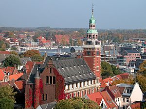 View of the town hall and harbor