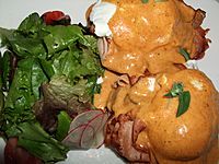 Poached eggs with tasso ham, griddled tomato & cajun hollandaise (3557166625)