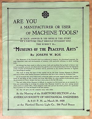 Poster for lecture by Joseph Roe on the Museum of the Peaceful Arts