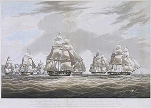 The Honourable East India Company's Ship Inglis - leaving St Helena, in July 1830 In Company with H.M. Frigate Ariadne and the H.C.Ships Windsor, Waterloo, Scaleby Castle, General Kidd, Farquharson & Lowther Castle RMG PY8462